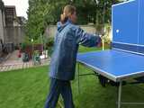 Watch Sandra playing Table Tennis in her oldschool Rainsuit 5