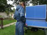 Watch Sandra playing Table Tennis in her oldschool Rainsuit 8