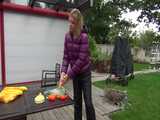 watch Pia enjoying summer in the Garden with her shiny nylon downwear 7