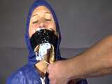 Watch Sandra beeing bound, pantygagged and finally pantyhooded in her shiny nylon Rainwear 6