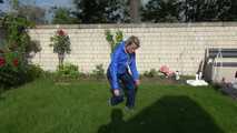 watch Sonja taking care of the garden enjoying her shiny nylon rainpants and her nylon windbreaker! 8